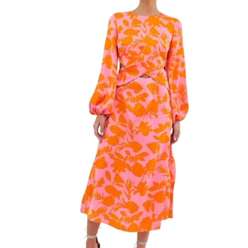 Like New Orange Floral Wrap Front Cutout Pink Midi Dress